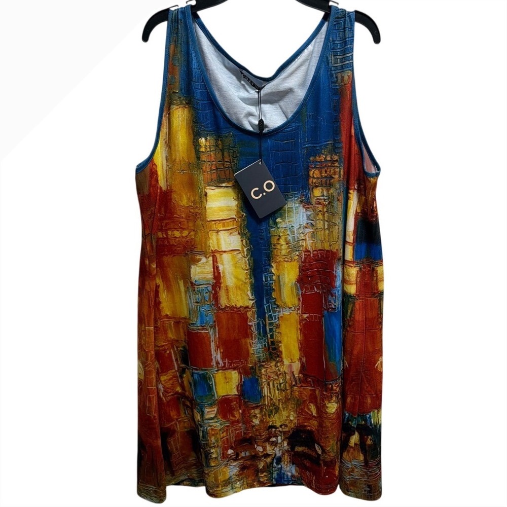 COZY Abstract Cityscape Tank Top Women XL Blue Red Yellow Art Print Sleeveless